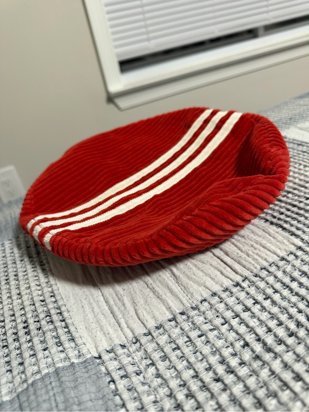 Gucci x Adidas Red Corduroy Beret with White Stripes